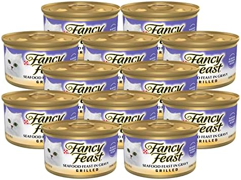 Purina Fancy Feast Grilled Wet Cat Food, Seafood Feast in Gravy, Gourmet Cat Food with No Artificial Preservatives or Colors, 3 Ounce Can (Pack of 12)