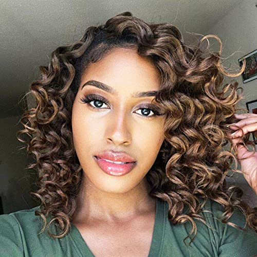 ToyoTree Ocean Wave Crochet Hair - 12 Inch 8 Packs Ombre Brown Mid-Length Curly Deep Wave Crochet Hair, Synthetic Ocean Wave Braiding Hair Extensions (12 Inch,T30-8P)