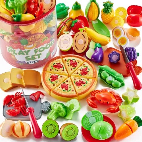 67Pc Pretend Play Food Sets for Kids Kitchen, Pizza Toy Food & Cutting Fake Food - Fruits & Vegetables, Play Kitchen Toys Accessories, Pretend Food Toys for Toddlers Boys Girls Birthday Gift