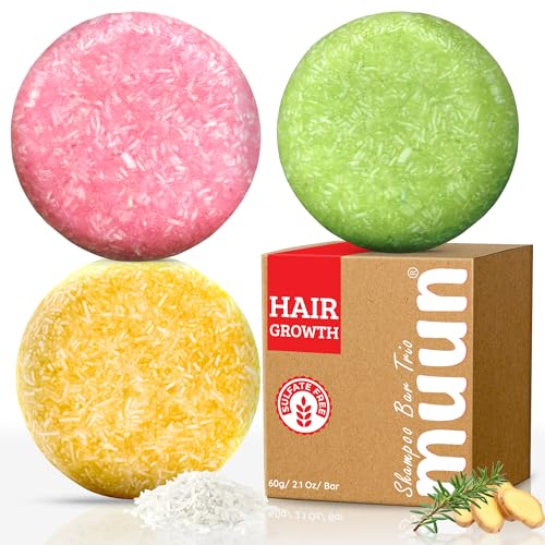 Muun Ginger Rosemary & Rice Water Shampoo Bar Pack 3 - Hair Growth, Thickening, Strengthening, Anti Hair Loss, Volumize & pH Balanced - Sulfate & Silicone Free For All Hair Type
