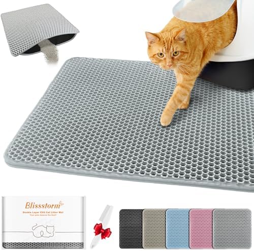Waterproof Cat Litter Mat, Double Layer EVA, Odor-Free Large Grid, Urine Proof, Easy Cleanup 27 x 46, Gray