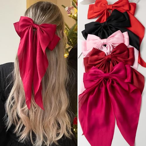 Satin Big Bows and Clips Set for Thick & Thin Hair: 5 PCS Bow-Knot Non-Slip Claw Clips for Women
