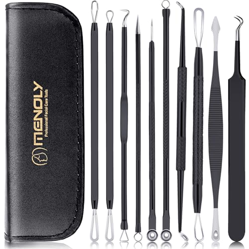 MENOLY Pimple Popper Tool Kit 10 Pcs Blackhead Remover Tool Zit Popper for Blemish, Pimple Comedone Extractor Acne Tool for Blackheads, Acnes, Whiteheads Nose Face Tools with Leather Bag