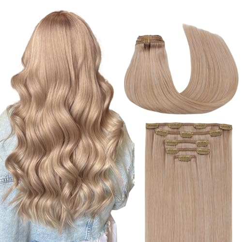 MAXITA Clip in Hair Extensions Real Human Hair,75g 5pcs Champagne Blonde 16 Inch,Remy Human Hair Extensions Clip in Straight Hair Extensions Clip in Natural Hair