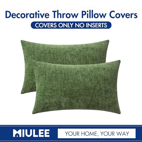 MIULEE Christmas Pack of 2 Couch Throw Pillow Covers 12x20Inch Soft Moss Green Spring Chenille Pillow Covers for Sofa Living Room Solid Dyed Pillow Cases