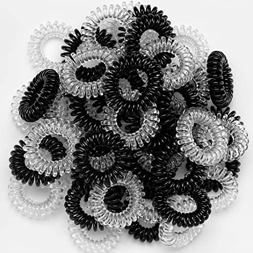TailaiMei 60 Pcs Spiral Hair Ties, Bulk No Crease Coil Hair Ties, Phone Cord Hair Ties for Thick Hair - Women Ponytail Holder Elastics(Black&Transparent)