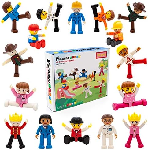 PicassoTiles 16 Piece Character Action Figures Toddler Toy Set Expansion Pack Magnetic Construction Blocks STEM Pretend Play Toys Building Tiles PTA08