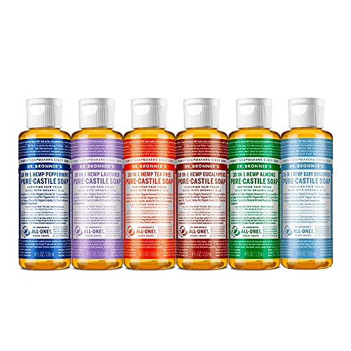 Dr. Bronner's - Pure-Castile Liquid Soap (4 oz Variety Pack) Peppermint, Lavender, Tea Tree, Eucalyptus, Almond, & Baby Unscented - 18-in-1 Uses