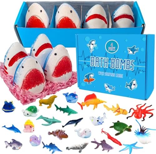 Kids Bath Bombs with Surprise Inside,4 Pack Marine Shark Bath Bomb for with Ocean Sea Animals for Girls Boys Toddlers, Safe Natural & Organic