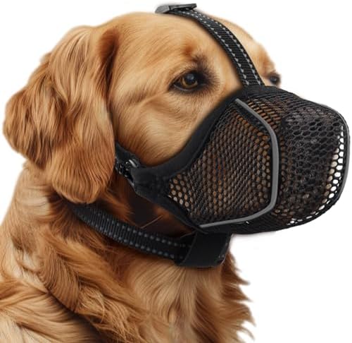 Dog Muzzle,Mesh Soft Muzzle for Small Medium Large Sized Dogs, Breathable Reflective Adjustable Puppy Muzzles with Collar for Scavenging Grooming Biting Chewing,Allows Panting and Drinking