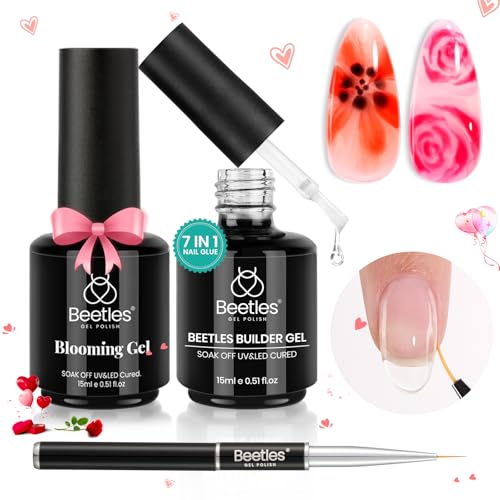 Beetles Builder Gel Nail and Blooming Gel Set- Nail Art Polish for Spreading Effect Marble Stone Builder Extension Nail Gel, Soak Off LED Nail Lamp Gel DIY Manicure Gifts for Women, 2 Pcs 15ml