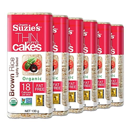 Suzie's Organic Brown Rice Cake Thins|6 Pack|Lightly Salted Low Sodium|USDA Organic, NON-GMO, Fat-Free, Sugar-Free, Gluten-Free|Low-Calorie Snack-21 Calories Per Slice|Bread & Cracker Replacement