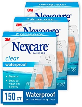Nexcare Waterproof Bandages, Stays on in the Pool, Holds for 12 Hours, Clear Bandages for Fingers and Elbows - 50 Pack Waterproof Bandages