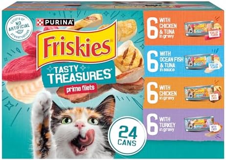 Purina Friskies Wet Cat Food Variety Pack, Tasty Treasures Prime Filets (With Chicken and Tuna, With Chicken, and With Ocean Fish and Tuna, and With Turkey) - (Pack of 24) 5.5 oz. Cans