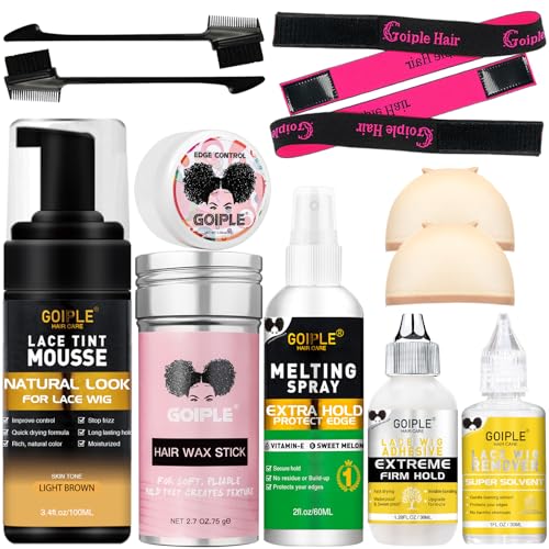 Lace Tint Melting Mousse for Women's Toupees, Hairpieces and Wigs - Natural Finishing Color, Wig Glue and Tool Set (Light Brown)