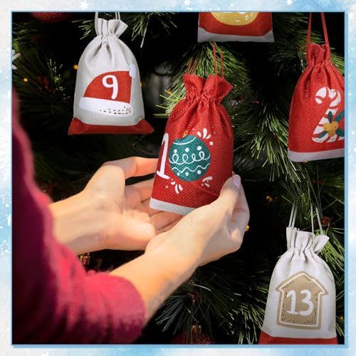 GWHOLE 2024 Advent Calendar Fill Your Own Christmas Drawstring Bags with Countdown Stickers Printed 24Pcs