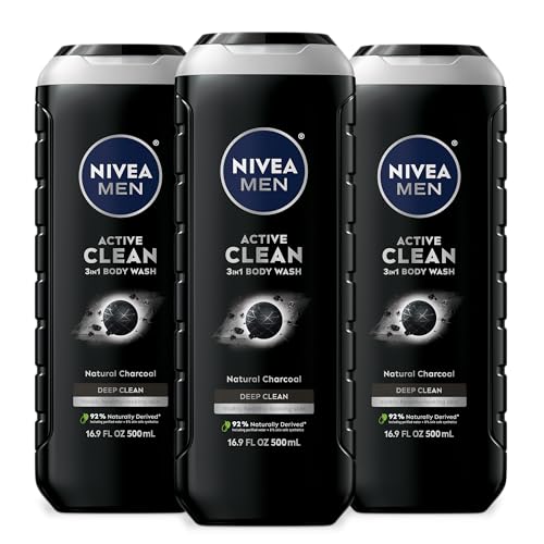 NIVEA MEN DEEP Active Clean Charcoal Body Wash, Exfoliating Body Wash for Men with Natural Charcoal, 3 Pack of 16.9 Fl Oz Bottles