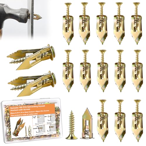 160 PCS Self Drilling Drywall Anchors with Screws 2024 Upgraded Zinc Plated Steel Hollow Wall Anchors(0.47X1.18inch) and Screws, Easy Application No Drill or Holes in Wall
