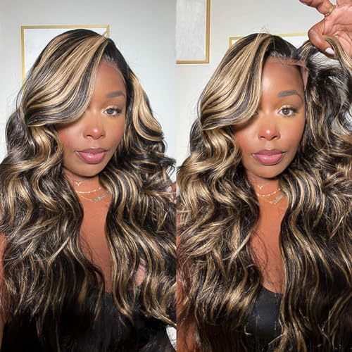 QNQZ Highlight Ombre Lace Front Wigs No Glue Pre Plucked 13X4 HD Lace Wear and Go Glueless Wig 180% Density 1B/27 Ombre Body Wave Wigs Human Hair for Beginners with Baby Hair 18inch