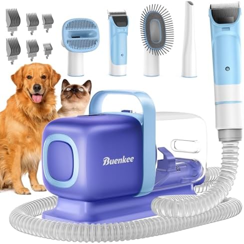 Dog Grooming Kit with Pet Grooming Vacuum, Dog Clipper, Pet Grooming Shedding Brush, Cleaning Tool in 1, Low Noise Dog Vacuum for Dogs Cats (Blue)