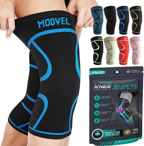 Modvel Knee Braces for Knee Pain Women & Men - 2 Pack Knee Brace for Knee Pain Set, Knee Brace Compression Sleeve, Knee Support for Knee Pain Meniscus Tear, ACL & Arthritis Pain Relief,Blue L
