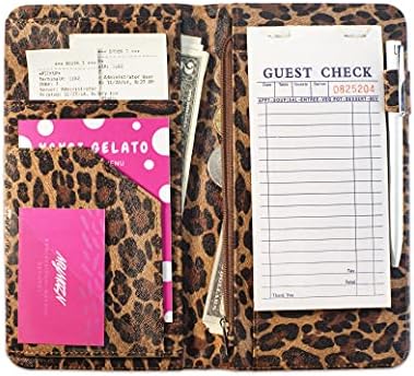 Server Book for Waitress Book with Zipper Pocket, 5x9 Leopard Magnetic Closure Server Wallet with Money Pocket and Zipper Pouch, Restaurant Waitstaff Organizer Fit Server Apron
