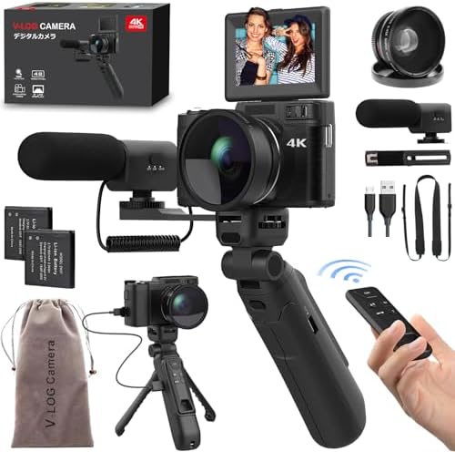 4K Digital Camera with Creator Accessory Kit 48MP Remote Control Vlogging Camera for Vloggers Autofocus Flip Screen Photography Cameras with Tripod Grip, Wide-angle & Macro lens, Mic, Batteries
