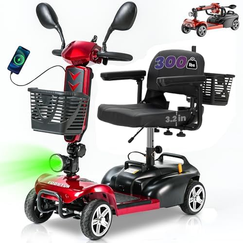 4-Wheel Foldable Mobility Scooters for Seniors, Detachable Battery, Upgraded Large Seat, Electric Scooter for Adults 15-Mile Range, Front & Rear Baskets, USB Port, Dual Mirrors, LED Headlight