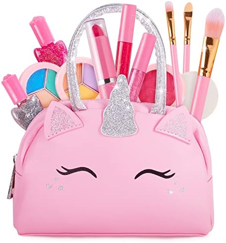 Kids Real Makeup Kit for Girls with Pink Unicorn Purse, Non Toxic Washable Make Up Toy - Easter Basket Stuffers for Toddler & Gifts for Girl Ages 3 4 5 6 7 8 9 10 Years Old - Pretend Play Vanity Set