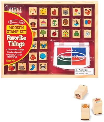 Melissa & Doug Wooden Stamp Set, Favorite Things - 26 Wooden Stamps, 4-Color Stamp Pad Kids Art Projects, Stamps With Washable Ink, For Kids Ages 4+
