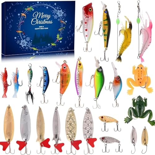 Fishing Tackle Christmas Advent Calendar 2024, Fishing Lures Set, Fishing Lure Advent Calendar, Fish Bait Christmas Calendar for 24 Days Surprise Gift for Christmas, Husband, Friend (24 Days-A)