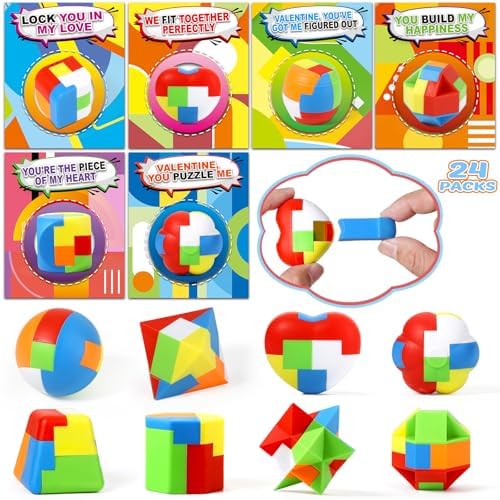 Valentines' Day Cards with 24 Pack Brain Teaser Puzzle for Kids School Classroom, Valentines' Gifts for School Exchange, 3D Brain Teaser Puzzle Bulk for Party Favors