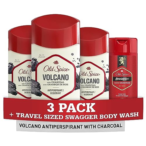 Old Spice Men's Antiperspirant & Deodorant Volcano with Charcoal, 2.6oz (Pack of 3) with Travel-Size Swagger Body Wash