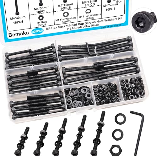 220PCS Black M4 Hex Socket Head Cap Screws, M4 x 30/35/40/45/50mm Metric Screws Bolts Nuts Washers Assortment Kit, 12.9 Grade Alloy Steel