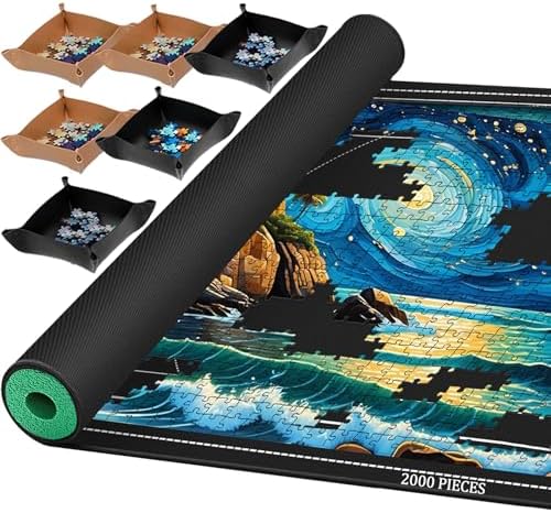 Jigsaw Puzzle Mat Roll Up, Portable Saver Pad 48” x 30.7” Up to 2000 Pieces, Puzzle Matt Rollup with Non-Slip Rubber Bottom & Smooth Top. (6 Puzzle Sorting Trays & 1 Storage Bag)