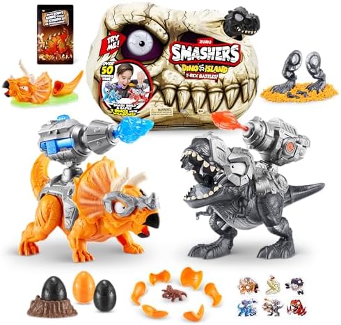 Smashers Dino Island T-Rex Battles (Black Version) by ZURU 50+ Surprises Boys Collectible Dinosaur T-Rex Triceratops Surprise Slime Sand Compounds Discovery