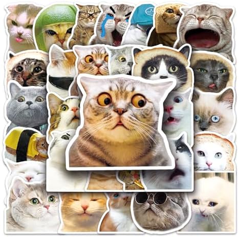 50Pcs Cat Meme Stickers - Funny Waterproof Stickers for Adults and Teens - Cute Cat Vinyl Decals