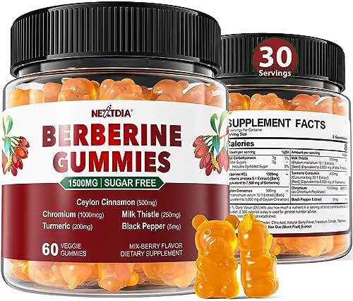 Berberine Supplement 1500mg, Sugar Free Berberine with Ceylon Cinnamon Gummies w/Chromium, Turmeric, Milk Thistle for Naturally Metabolism Balanced, Berberine HCl from Indian Barberry Extract, 60 Cts