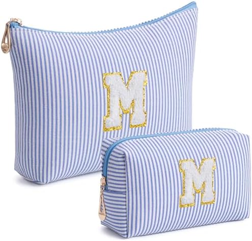Blue Personalized Initial Makeup Bag Set, Cute Preppy Travel Toiletry Cosmetic Bags, Small Make Up Pouch, Birthday Gifts for Women, Girls, Friends, (M)