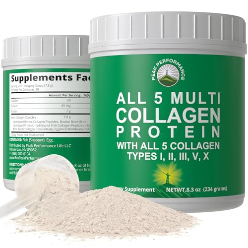 Peak Performance All 5 Multi-Collagen Protein Powder Peptides Multi-Collagen Contains All Types I, II, III,V, X. Keto, Paleo Friendly with Hydrolyzed Bovine, Marine, Chicken, Bone Broth Collagens