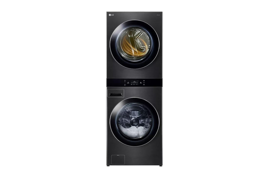 LG WashTower Stacked Smart Laundry Center 5.0 Cu.Ft. Front Load Washer & 7.4 Cu.Ft. Electric Dryer in Black Steel w/Steam