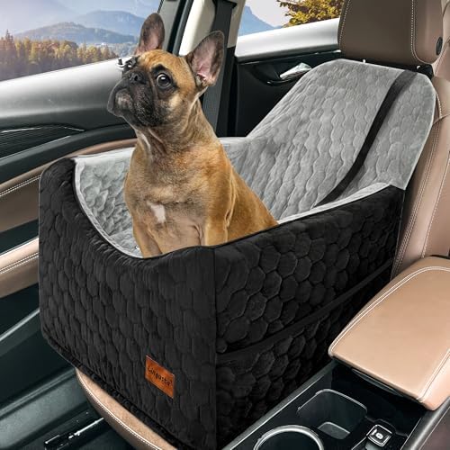 Dog Car Seat for Small/Medium Dogs, Memory Foam Dog Booster Seat, Travel Safety Per Car Seat with Washable Removable Cover, Storage Pockets, Elevated Dog Car Bed for Dogs up to 35 lbs(BlackGray)