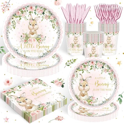 120PCS Spring Bunny Party Supplies for Girls Baby Shower Watercolor Floral Rabbit Pregnancy Announcement Party Decorations Disposable Tableware Plates Napkin Cups Serves 20 Guests