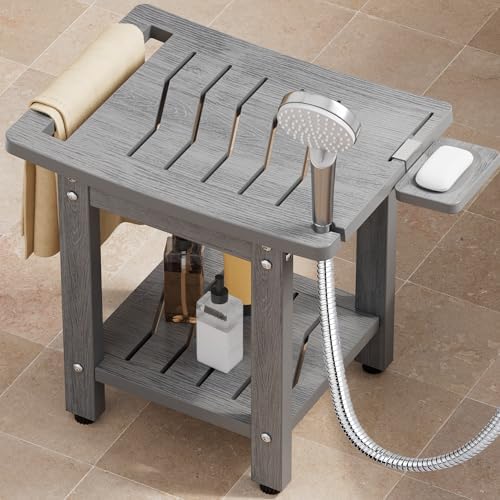 YEFU Shower Chair for Inside Shower: Slip-Resistant Waterproof No Maintenance 500 LBS Weight Capacity - Shower Bench/Stool with Shelf & Handle for Bathroom/Outdoor - Easy to Assemble for Adult/Gray