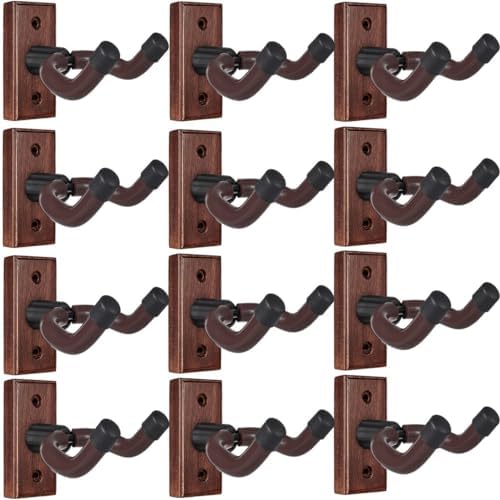 Sound harbor Guitar Wall Mount 12 Pack, Wood Guitar Hanger Mount Hook Stand Wall for Acoustic, Electric Guitar, Bass, Brown