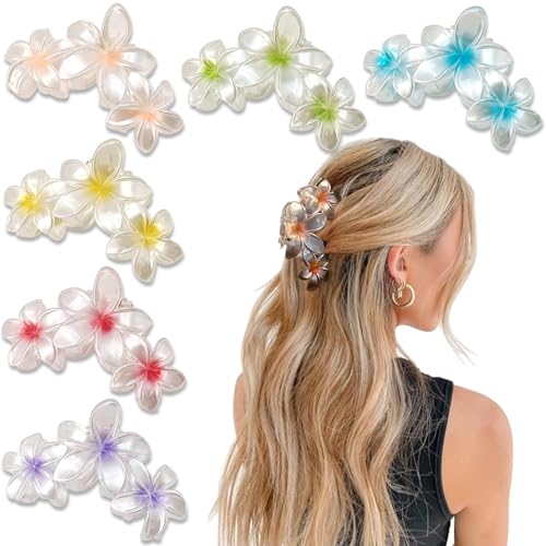 6Pcs Flower Hair Clips for Women,Non-Slip Matte Flower Hair Clips for Women,Hawaiian Hair Flower Clip Large Plumeria Hair Clip Banana Cute Clip Beach Hair Accessories (Pearlescent color)