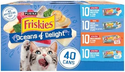 Purina Friskies Wet Cat Food Variety Pack, Oceans of Delight Flaked and Prime Filets - (Pack of 40) 5.5 oz. Cans