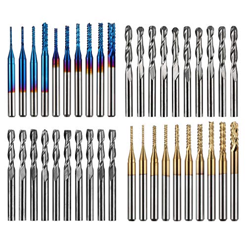 40pcs End Mills CNC Router Bits, 1/8" Shank CNC Cutter Milling Carving Bit Set Including 2-Flute Flat Nose & Ball Nose, Nano Blue Coat & Titanium Coat, MC40A
