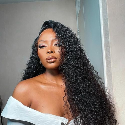 Eooma 180 Density Lace Front Wigs Human Hair Pre Plucked 20 Inch HD Transparent Curly Lace Closure Wigs Human Hair for Women Natural Black Color