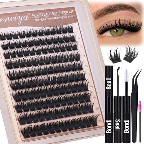 Geeneiya Fairy Lash Clusters Kit D Curl Eyelash Clusters Wispy 10-18MM DIY Lash Extension Kit Volume Cluster Eyelash Extensions Kit Individual Lashes with Waterproof Lash Bond and Seal for Beginners